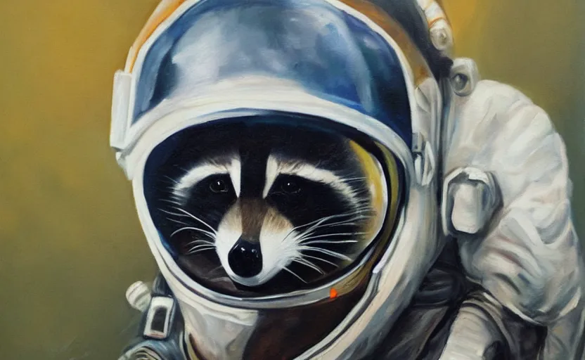 Image similar to oil painting of a racoon in a astronaut suit with helmet, 35mm, photo, Epic, cinematic