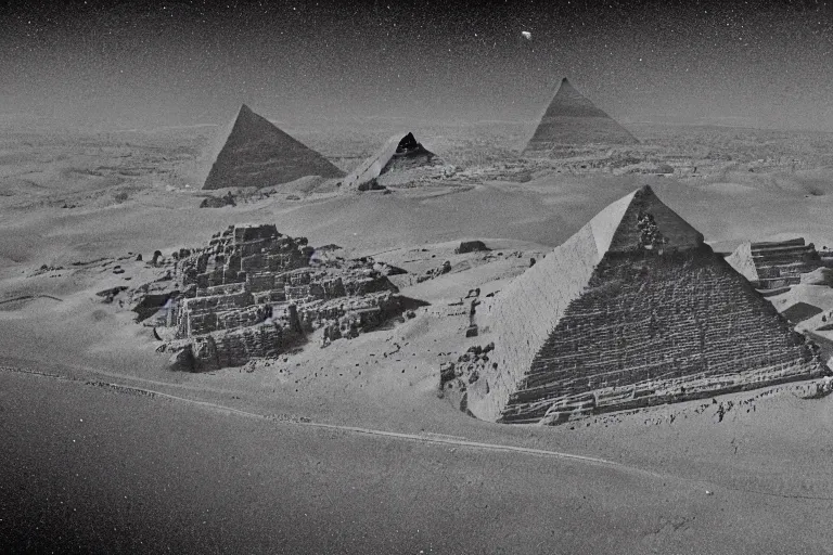 Prompt: Ancient blue-prints of the Giza Pyramids as space-craft