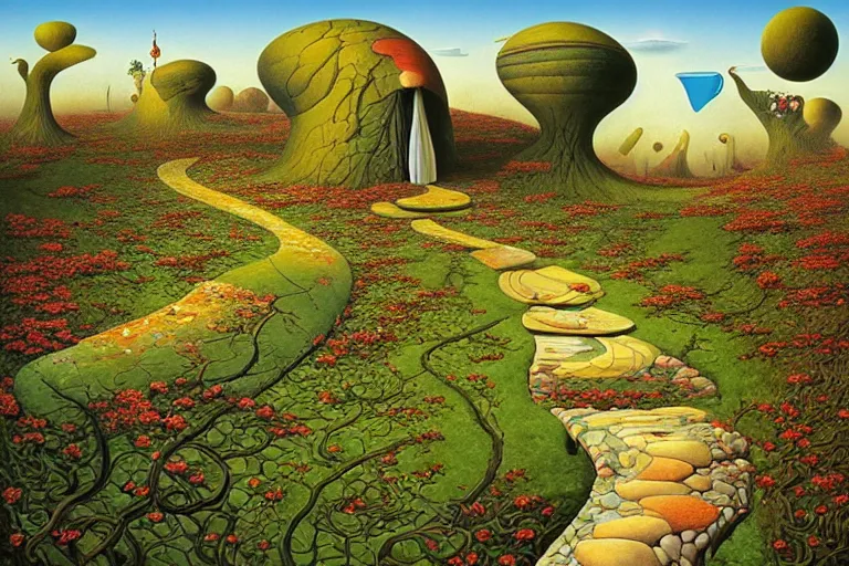 Image similar to the path less taken by jacek yerka, roger dean and salvadore dali