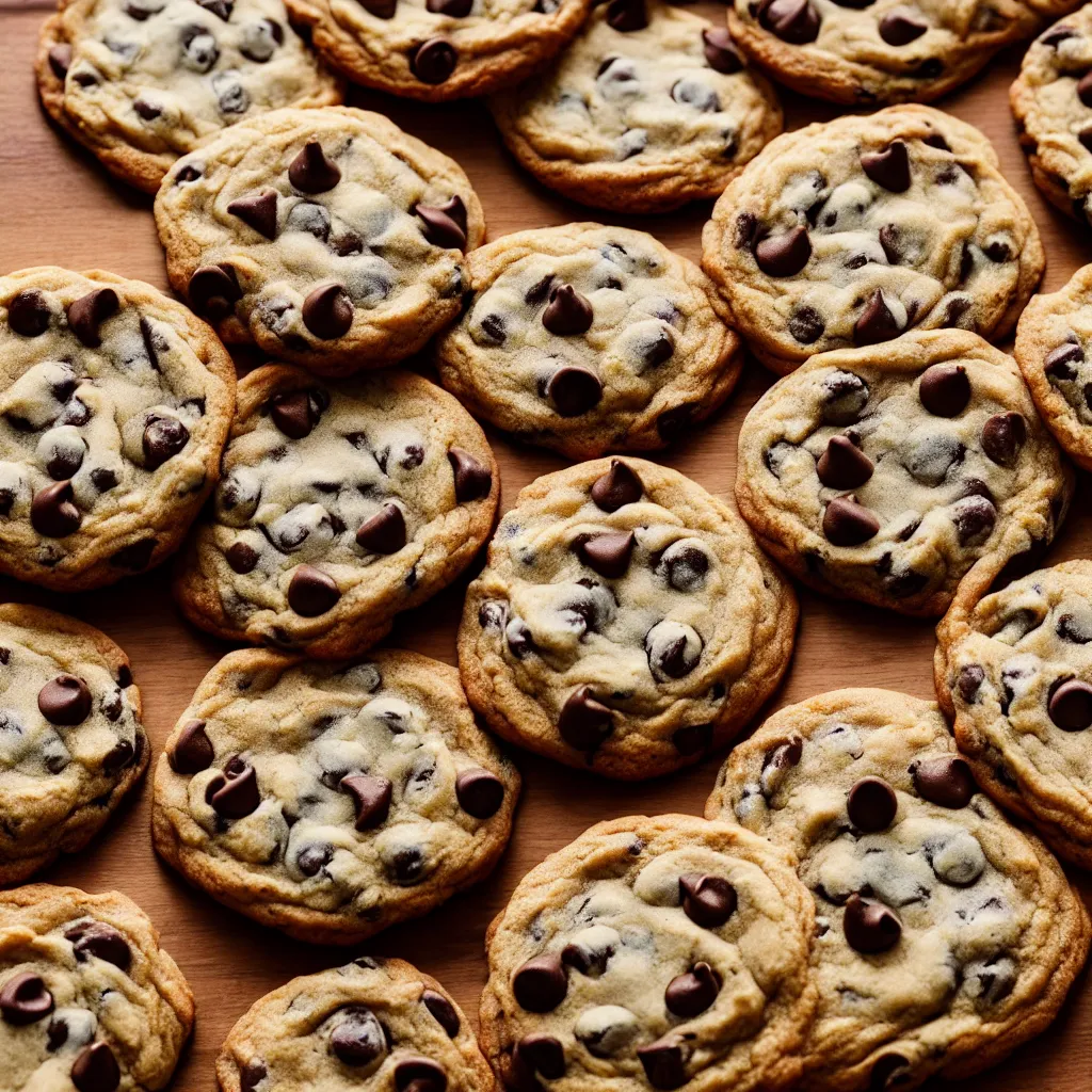 Prompt: close - up view of singular chocolate chip cookies on top of a wooden table, 8 k, high detail, photorealistic, proper shading