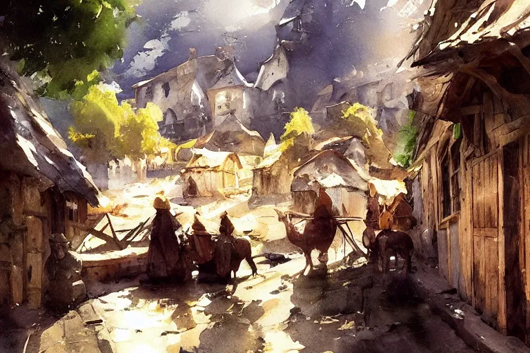 Prompt: paint brush strokes, abstract watercolor painting of rustic village at midday, medieval age, ambient lighting, art by hans dahl, by jesper ejsing, art by anders zorn, wonderful masterpiece by greg rutkowski, cinematic light, american romanticism by greg manchess, creation by tyler edlin