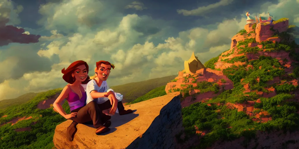 Prompt: a loving couple sitting on a cloud very in the sky above the Caribbeans, mattepainting concept Blizzard pixar maya engine on stylized background global illumination lighting artstation in the style of The Road to El Dorado