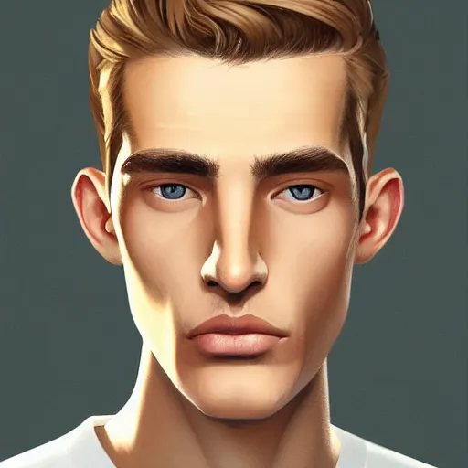 Image similar to tall man in his twenties with brown blond short quiff hair and thin slightly round facial structure with cleft chin, straight eyebrows and prominent nose, good definition of cheekbones, big hazel nut brown eyes, narrow face, slim body, atmospheric lighting, painted, intricate, 4 k, highly detailed by charlie bowater