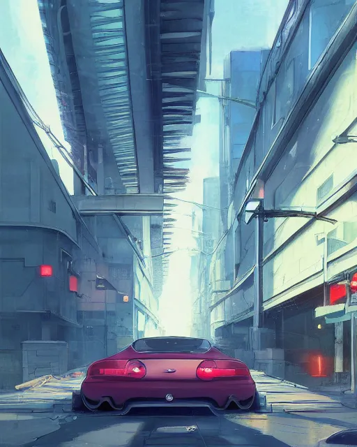 Image similar to a car driving down a street under a bridge, an album cover by makoto shinkai and by edward okun and by sengai, cgsociety, altermodern, anime aesthetic, official art, cinematic