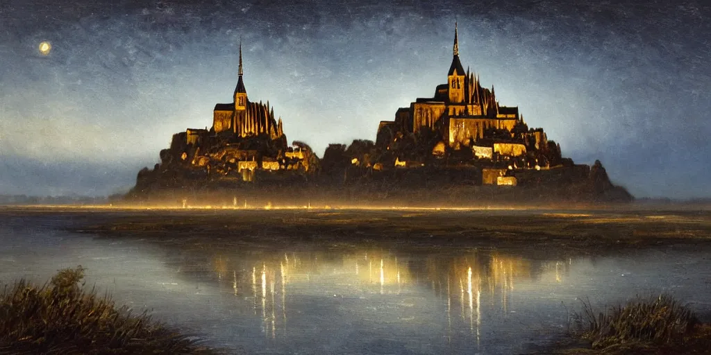 Prompt: masterpiece oil painting portraying mont saint michel in the style of romanticism landscape painters with a tree on the foreground,beautiful,misty,night sky,evocative,reflection in the water