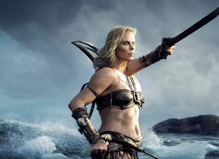 Image similar to film still of charlize theron as a viking women with weapons riding on a jet ski, wearing skin - tight futuristic valkerie bikini, rough seas in background, lightning storms, water world, mad max, hyper - realistic, highly detailed, accurate, 8 k octane render, 2 8 mm, wide angle, rule of thirds