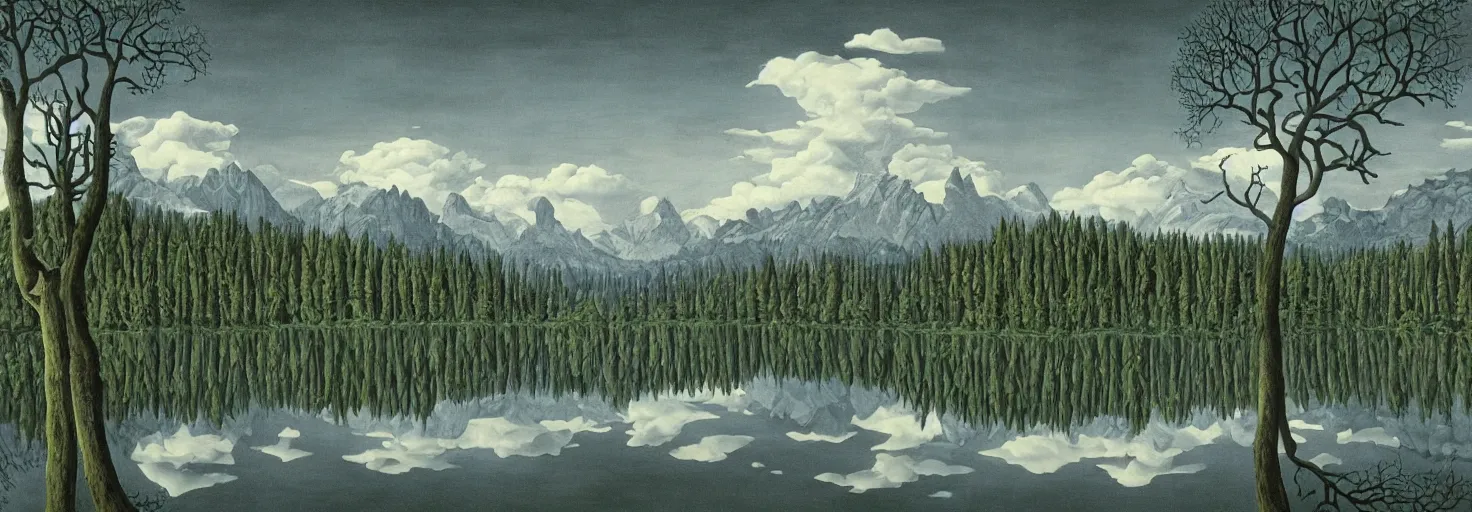 Prompt: escher painting of a lake, big trees reflecting on lake surface, mountains at background, snowy, ultra sharp, ultra detailed, dark emotion, colorized by salvador