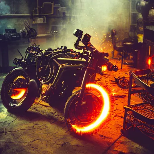 Image similar to bicycle mecha, dark messy smoke - filled cluttered workshop, dark, dramatic lighting, orange tint, sparks, cinematic, highly detailed, sci - fi, futuristic, movie still