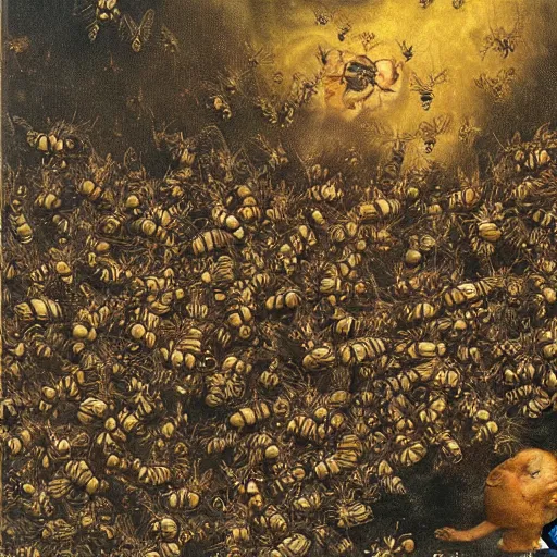 Prompt: a swarm of bumblebees attacking sleeping people in hell, art by bosch, highly detailed, masterpiece