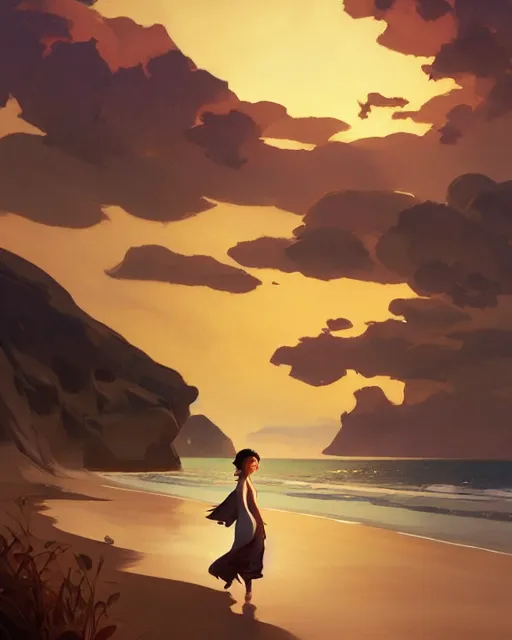 Image similar to lonely young woman wandering a beach at sunset painting by sargent and leyendecker, studio ghibli, fantasy, medium shot, asymmetrical, intricate, elegant, matte painting, illustration, hearthstone, by rhads by greg rutkowski, by greg tocchini, by james gilleard, by joe fenton