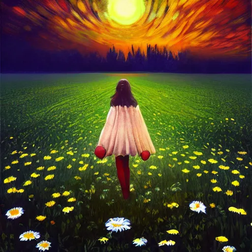 Image similar to giant daisy flower as a head, girl walking in flower field, surreal photography, night moon light, dramatic, impressionist painting, clouds, digital painting, artstation, simon stalenhag