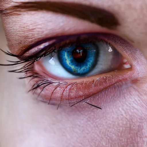 Image similar to close up portrait photo of the left side of the face of a redhead woman with blue eyes and big black round pupils who looks directly at the camera. Slightly open mouth, face covers half of the frame, with a park visible in the background. 135mm nikon. Intricate. Very detailed 8k. Sharp. Cinematic post-processing. Award winning photography, steve mccurry