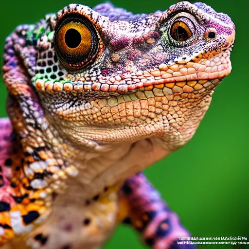 Prompt: An award winning photo of Tokay crocodile chameleon looking at the camera, cute, environmental portrait, wildlife photography, National Geographic, 4k