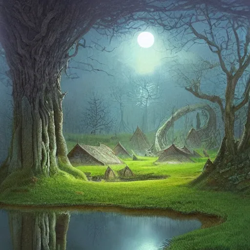 Prompt: a deep forest mushroom village, shrouded in greenish mist. on the edge of a pond that is shimmering in the moonlight, mystical landscape by John Howe