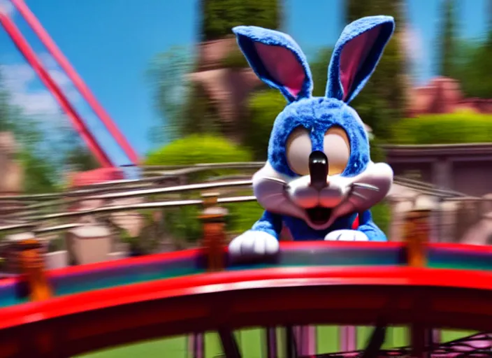 Image similar to film still of a bunny riding a roller coaster in disneyland paris, 8 k