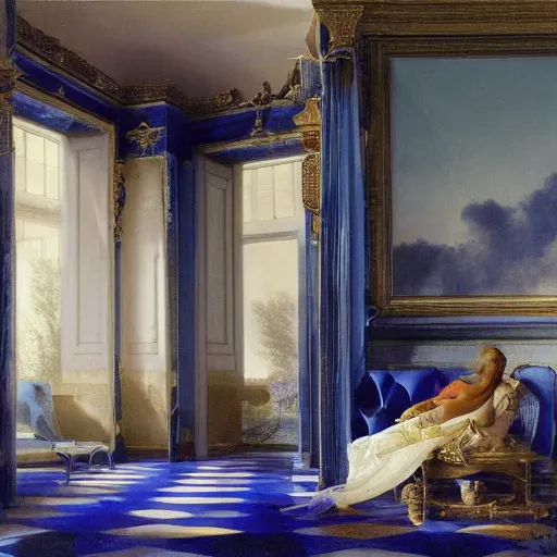 Prompt: gardens of marble draped in flowing sheets of cobalt blue satin and silver satin, by ivan aivazovsky and pieter claesz and paul delaroche and alma tadema and august malmstrom and willem claesz heda and aelbert cuyp and gerard ter borch and moebius and syd mead and roger dean, hyperrealistic, volumetric light, octane render