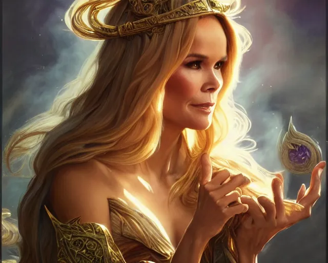 Image similar to amanda holden as a sorceress, deep focus, d & d, fantasy, intricate, elegant, highly detailed, digital painting, artstation, concept art, matte, sharp focus, illustration, hearthstone, art by artgerm and greg rutkowski and alphonse mucha