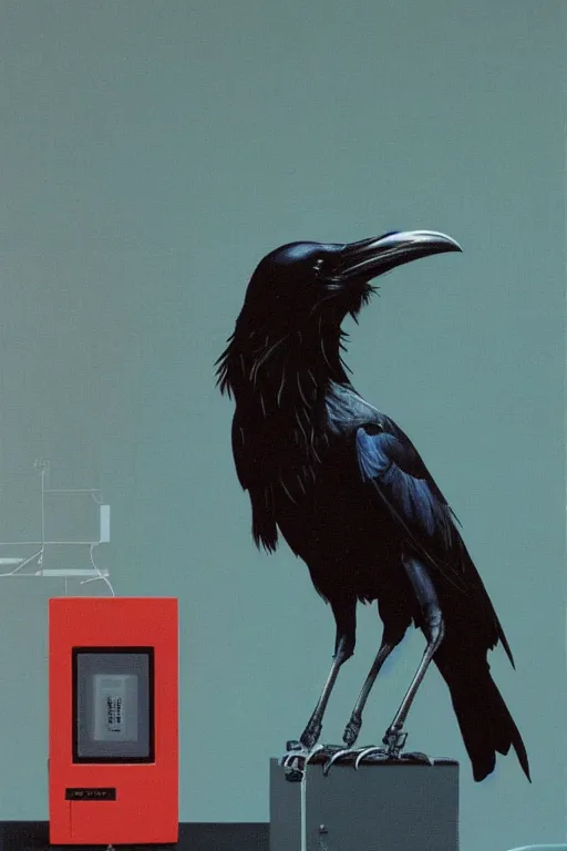 Prompt: a raven standing amongst 8 0 s era technology, vintage shapes, retro technology, pantone color, wayne barlow, oil on canvas, deep depth of field, masterpiece, cinematic composition, hyperdetailed