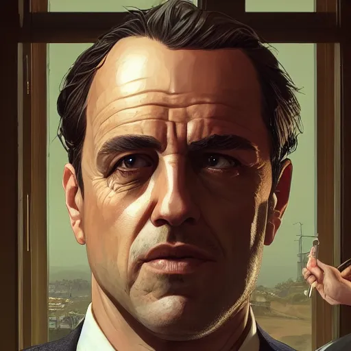 Image similar to highly detailed portrait, the godfather, in gta v, stephen bliss, unreal engine, fantasy art by greg rutkowski, loish, rhads, ferdinand knab, makoto shinkai and lois van baarle, ilya kuvshinov, rossdraws, tom bagshaw, global illumination, radiant light, detailed and intricate environment