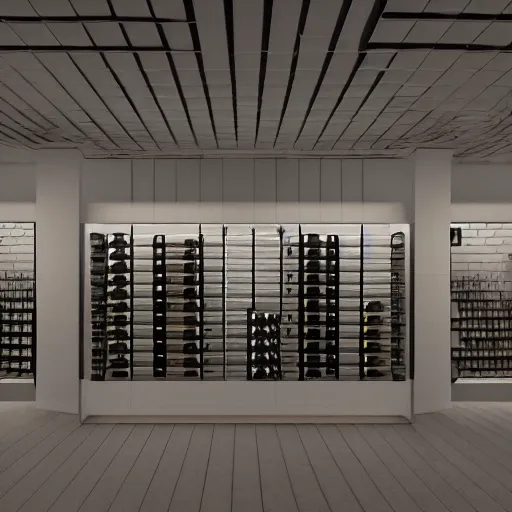 Image similar to symmetry, parallel perspective with center end point, parallax mapping of brutalist shop, lots of wine bottles, octane render, high quality