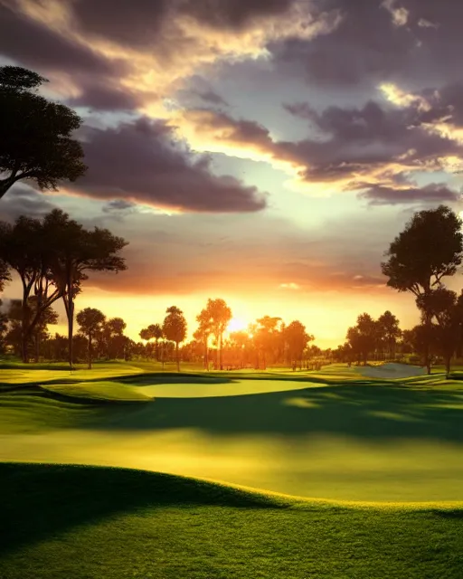 Image similar to golf course, hyper realism, cinematic, epic composition, high detail, octane render, unreal engine, 8 k, extremely detailed, apocalyptic, very sharp, beautiful, sunrise, clear sky