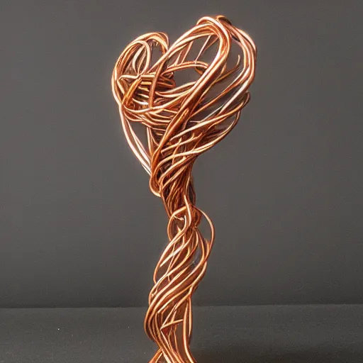 Image similar to a very beautiful tiny ( ( ( ( human heart ) ) ) )!!!!!!!!!!!!!!!!!!!!!!!!! organic sculpture made of copper wire and threaded pipes, very intricate, curved. studio lighting, high resolution, high quality, black background