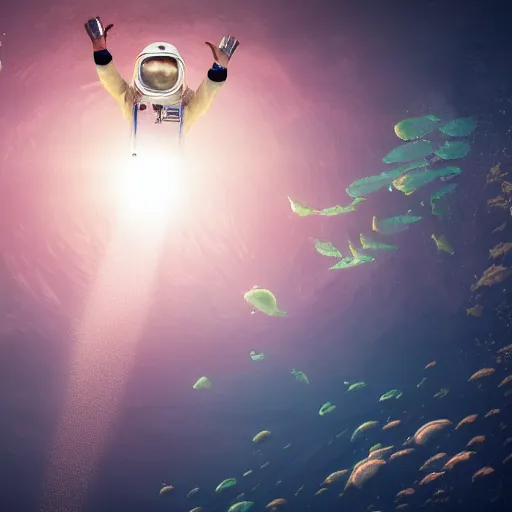 Prompt: an astronaut floating in the middle of deep underwater being hit by sun rays, trending on art station, atmosphere, concept art, photorealistic, high detailed