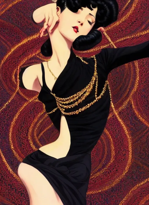 Image similar to a beautiful dancer with black hair in 1920's fashion, living room background, intricate, highly detailed, digital painting, artstation, official media, anime key visual, concept art, rich vivid colors, ambient lighting, sharp focus, illustration, art by Artgerm, Makoto Shinkai, Ilya Kuvshinov, Lois Van Baarle, and Rossdraws