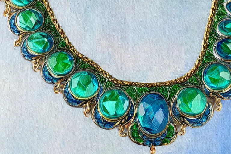 Image similar to highly detailed oil painting, very realistic gemstones, symmetrical, art nouveau, ornate, delicate, brilliant green, cyan and light blue gemstone necklace, dramatic light,