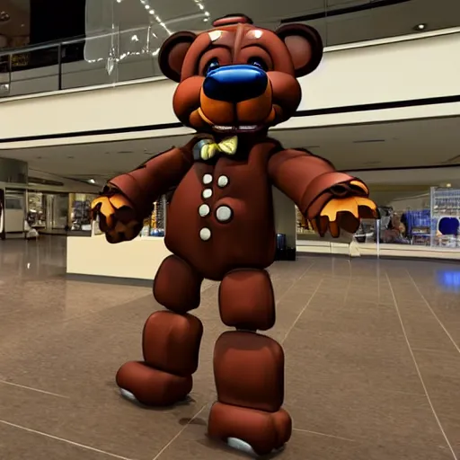 Image similar to Freddy Fazbear in a mall holding multiple bags, photorealistic, low-angle, 3D, 8K, as coherent as Dall-E 2