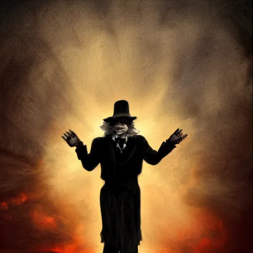 Prompt: An epic fantastic realism comic book style painting of The Mysterious Stranger from The Adventures of Mark Twain (1985), an Angel, Satan, fisheye, unreal 5, DAZ, hyperrealistic, octane render, dramatic lighting, extremely moody lighting, glowing light and shadow, atmospheric, cinematic, superb resolution, symmetrical, rich deep moody colors, golden hour, sharp focus, cgsociety, trending on arstation, stunning, breathtaking, awe-inspiring, award-winning, concept art, post-processing, photoshopped, 8k, photorealistic, complex, intricate, 3-point perspective, hyper detailed, unreal engine 5, IMAX quality, by Lee Hardcastle