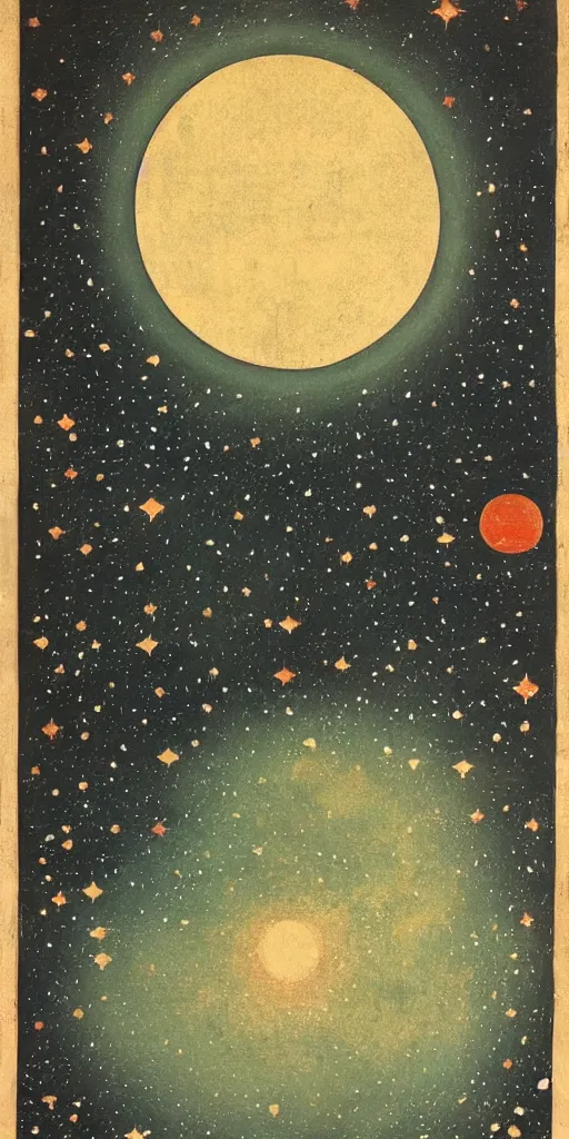 Image similar to oriental painting of the nebula, moon is high above the earth, detailed, refined, high quality, parchment, blackened space, lots of stars