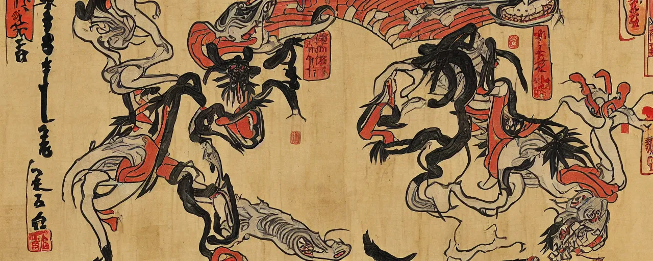 Image similar to an ancient papyrus depicting an infography of a japanese folklore demon, okami, ukiyo - e style