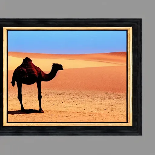 Prompt: A very serene artistic picture of a camel by an oasis in the desert, Sunset, Award winning realistic hyper realistic photo