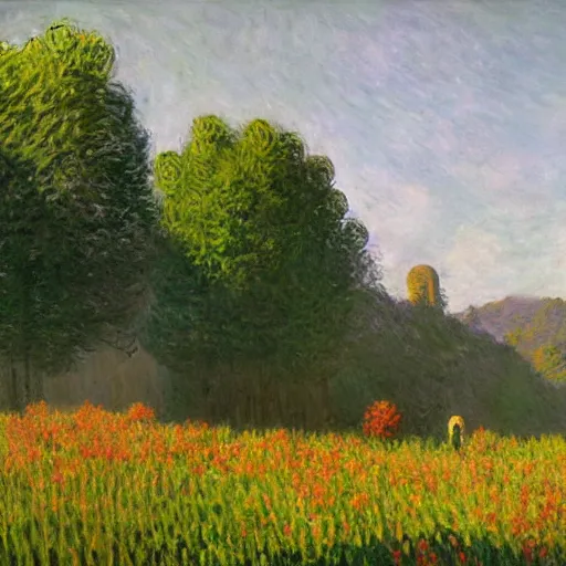 Image similar to A sunny day by Simon Stålenhag and Claude Monet