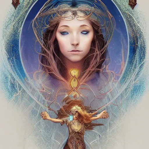 Image similar to a detailed tarot card of a human wizard casting a spell, female, auburn hair with blonde highlights, crackling blue lightning, fantasy, d & d, intricate, elegant, highly detailed, digital painting, artstation, concept art, matte, sharp focus, illustration, in the style of magic the gathering, art by artgerm and greg rutkowski and alphonse mucha