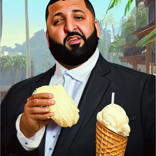 Prompt: portrait of DJ Khaled with a dumb smile holding ice cream cone with large scoop of ice cream as a Grand Theft Auto Cover, elegant, intricate, headshot, highly detailed, digital painting, artstation, concept art, sharp focus, illustration, art by artgerm and greg rutkowski and alphonse mucha