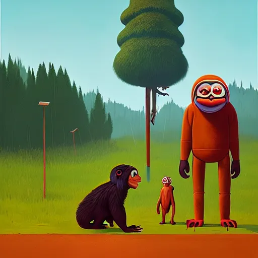 Image similar to ape teaching pepe by simon stalenhag