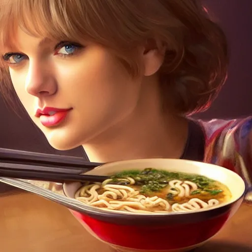 Prompt: taylor swift as a college student, eating ramen, bokeh, beautiful face!!!!, 2 7 years old, cg animation, lifelike, animated, realistic, character select portrait, by artgerm, greg rutkowski, alphonse mucha, anne liebovitz, 3 d