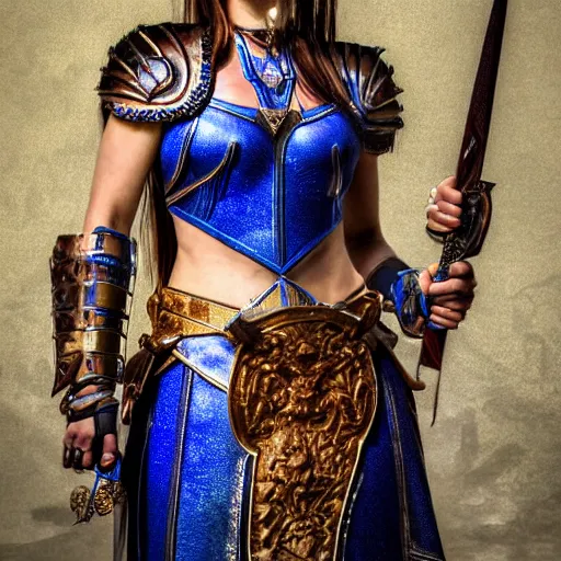 Image similar to beautiful warrior queen with lapis lazuli armour, highly detailed, 4k, HDR, smooth, sharp focus, hyper realistic, high resolution, award-winning photo