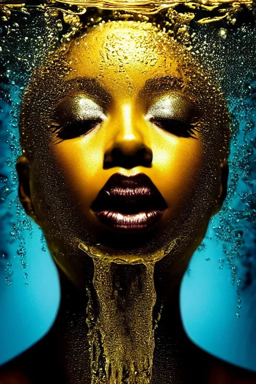 Image similar to hyperrealistic post - dada cinematic very expressive! profile black oshun goddess, emerging from water!!, mirror dripping droplet!, gold flowers, highly detailed face, digital art masterpiece, smooth eric zener cam de leon, dynamic pearlescent teal light, low angle uhd 8 k, sharp focus