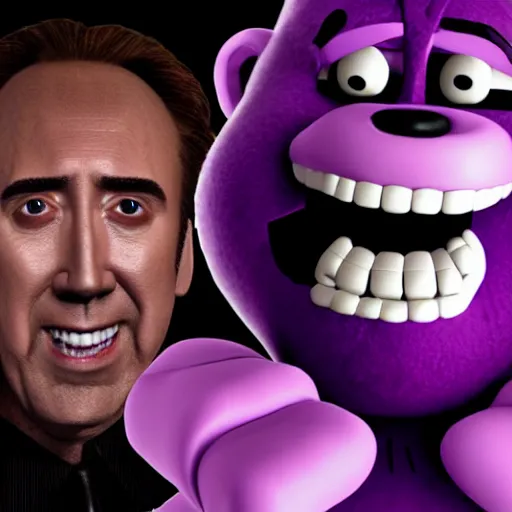 Image similar to Nicholas Cage in Five nights at Freddy's enjoying the purple guy