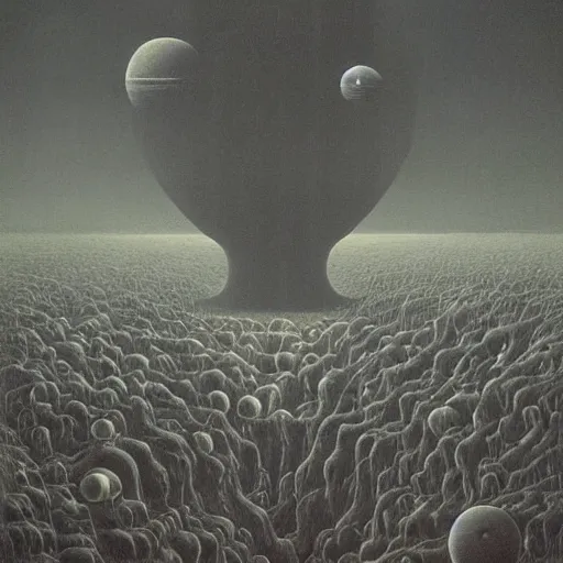 Prompt: gathering of aliens from all over the galaxy by Zdzisław Beksiński, oil on canvas