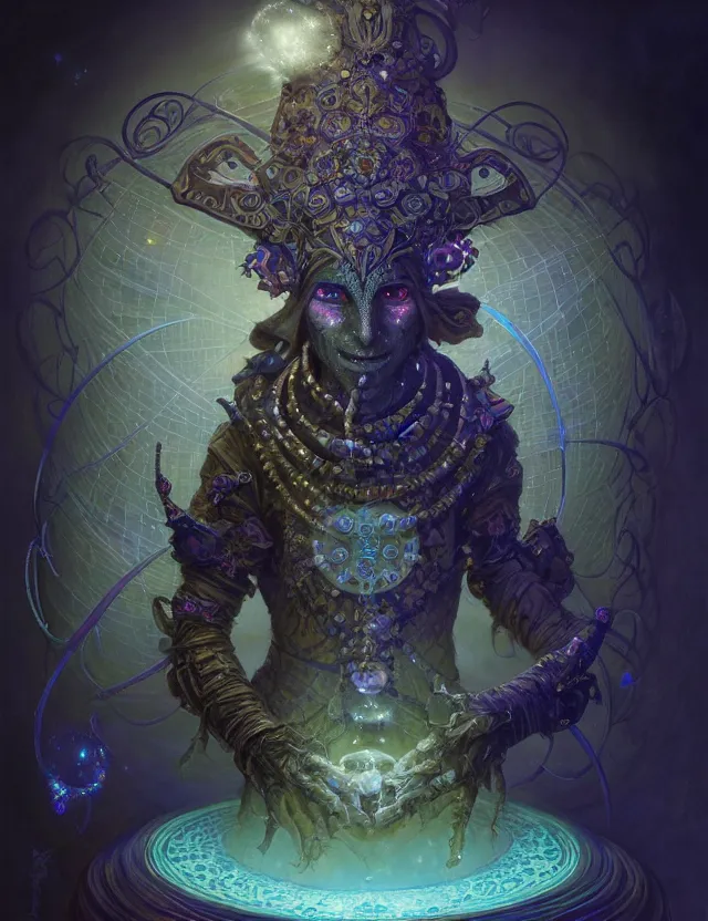 Image similar to front shot of a court jester character, hyperdimensional, bioluminescent hypercubes, dark holography!!!, (((intricate))), elegant, highly detailed, centered, (((artstation, concept art, smooth, sharp focus, artgerm, Tomasz Alen Kopera, Peter Mohrbacher, donato giancola, Joseph Christian Leyendecker, WLOP, Boris Vallejo))), mugshot!!!!!, ugly!!!!!!, octane render, nvidia raytracing demo, octane render, nvidia raytracing demo, octane render, nvidia raytracing demo, grainy, muted, 8K, digitalblasphemy