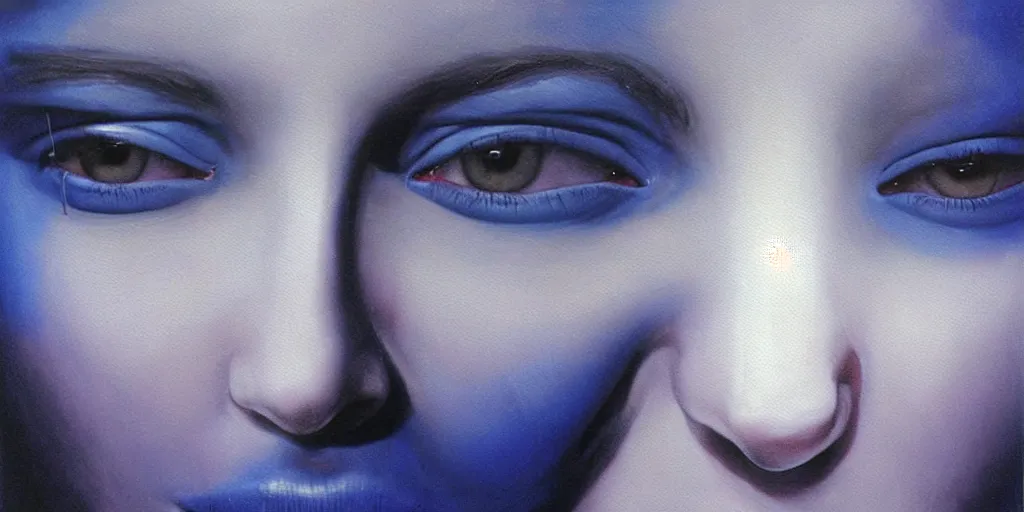 Image similar to with malice, your blue skin, with malice, your blue eyes, with malice, your, white smile with malice, your whole body, at last, with malice, with malice, will it be when i stay awake thinking of her, does she think a little about me? painting by gottfried helnwein