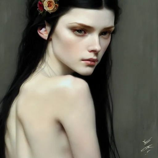 Prompt: Portrait of a beautiful, pale skin, female with long black hair, dark, piercing eyes, elegant clothing, photorealistic, highly detailed, artstation, smooth, sharp focus, art by Klimt, artgerm, Greg Rutkowski and Alphonse Mucha