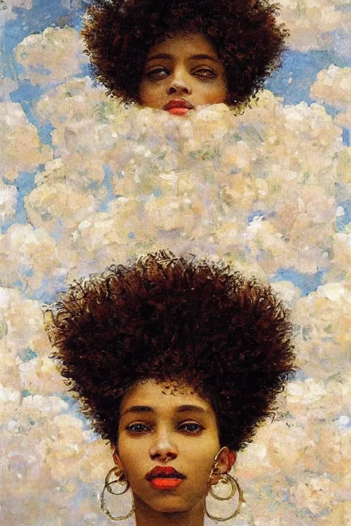 Image similar to close - up fashion afro woman portrait airy flowers cloudy sky art by vasnetsov