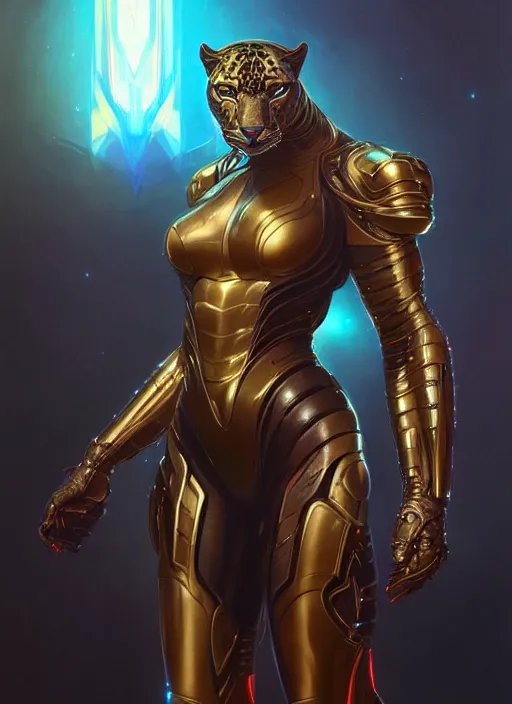 Prompt: portrait of a panther, sci - fi armour! muscular, glowing lights, intricate, elegant, highly detailed, digital painting, artstation, concept art, smooth, sharp focus, illustration, art by artgerm and greg rutkowski and alphonse mucha