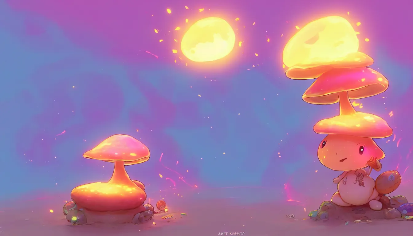 Image similar to concept art for a cute thicc mushroom creature, anime style, golden hour, lens flare, pastel pink glow, sitting on the beach | | epic - fine - clean, polished, trending on artstation, brush strokes