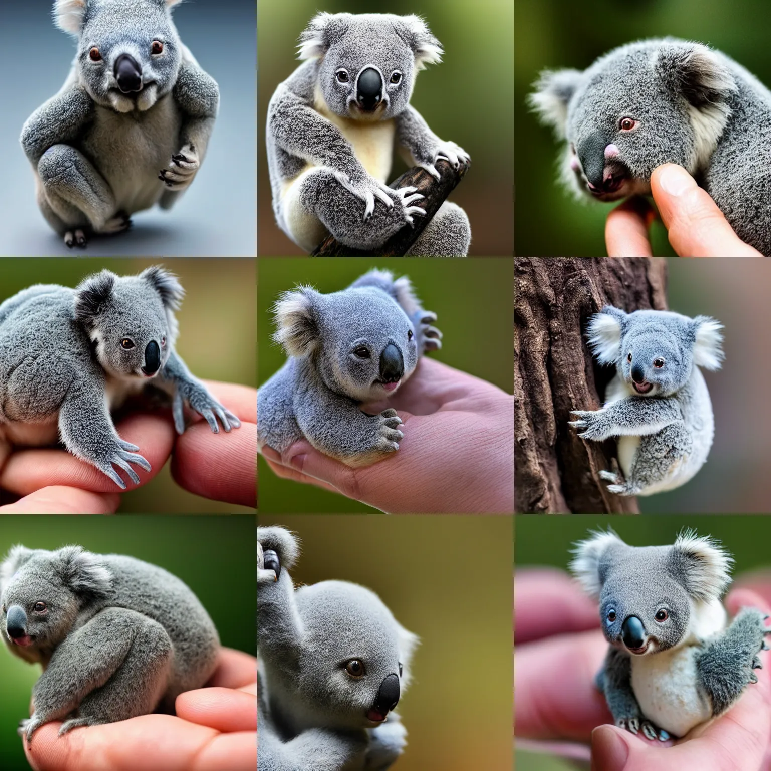 Prompt: hybrid cross between ( ( koala ) ) and tardigrade!!! with six legs!! sitting in a human hand, macro photography, tiltshift, very cute, tiny minature, hyper realistic, nature photography